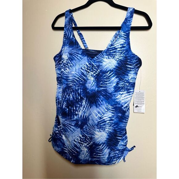 Lands End Deep Sea Navy Blue Palm Tankini Top With Removable Padding Size 10 - Picture 1 of 3
